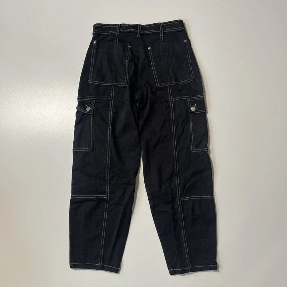 Anthropologie Utility Barrel Pants Size 2 Black Linen Blend Cargo Pocket Trouser - Picture 9 of 9